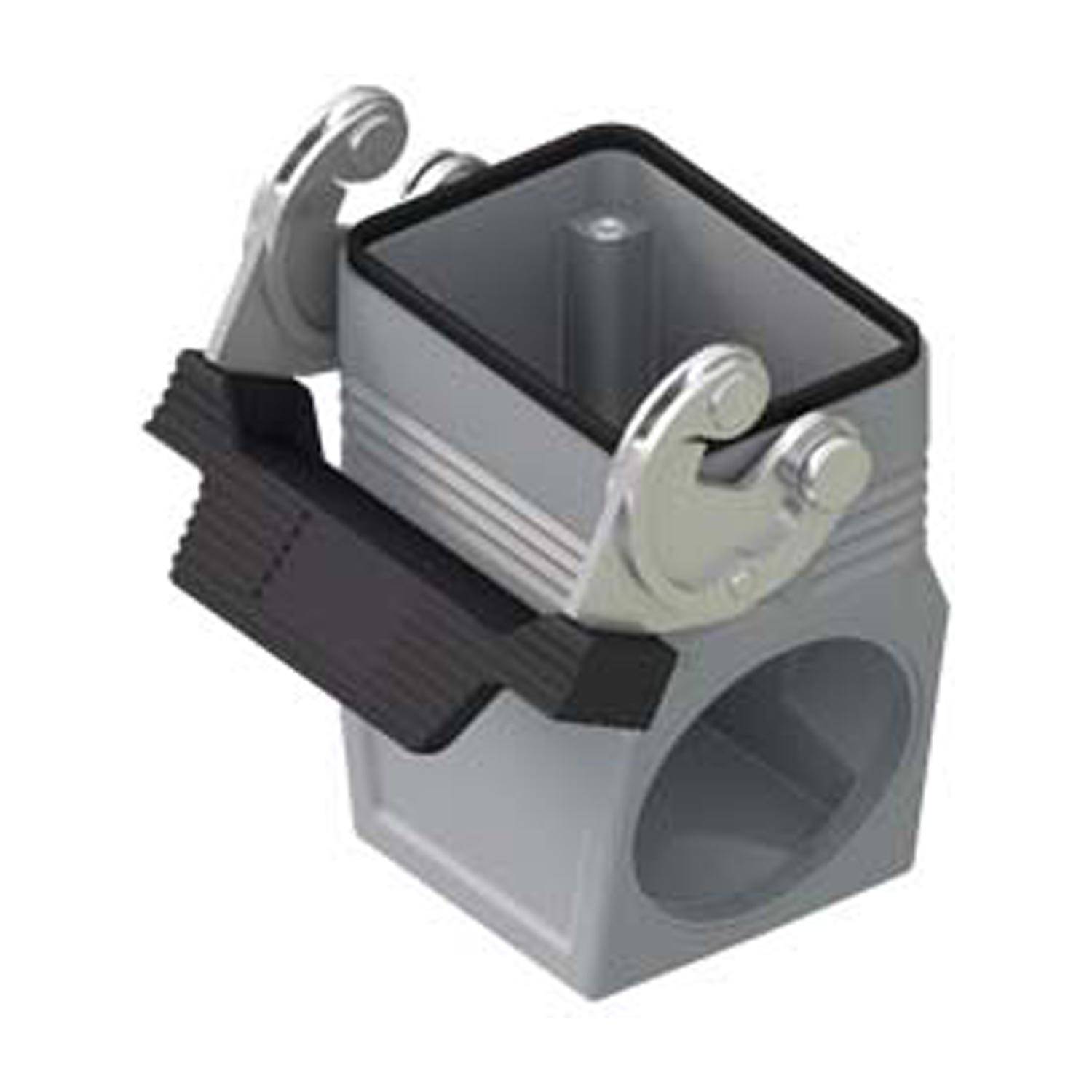 Metallische Halterung mit rechteckiger Öffnung und angefügter Klemmvorrichtung, die zum Sichern von Kabeln oder Komponenten verwendet wird.