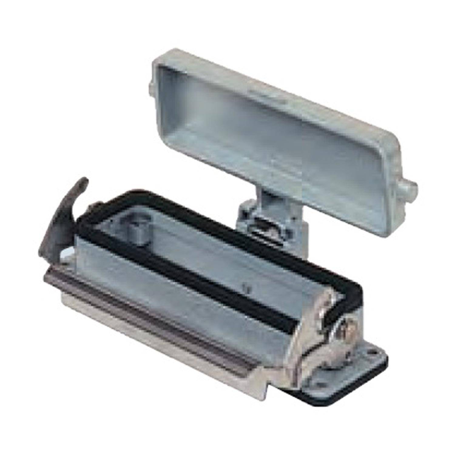 Ein metallischer elektrischer Steckverbinder mit einer offenen rechteckigen Abdeckung, der interne Komponenten und Schraubenlöcher zur Montage zeigt.