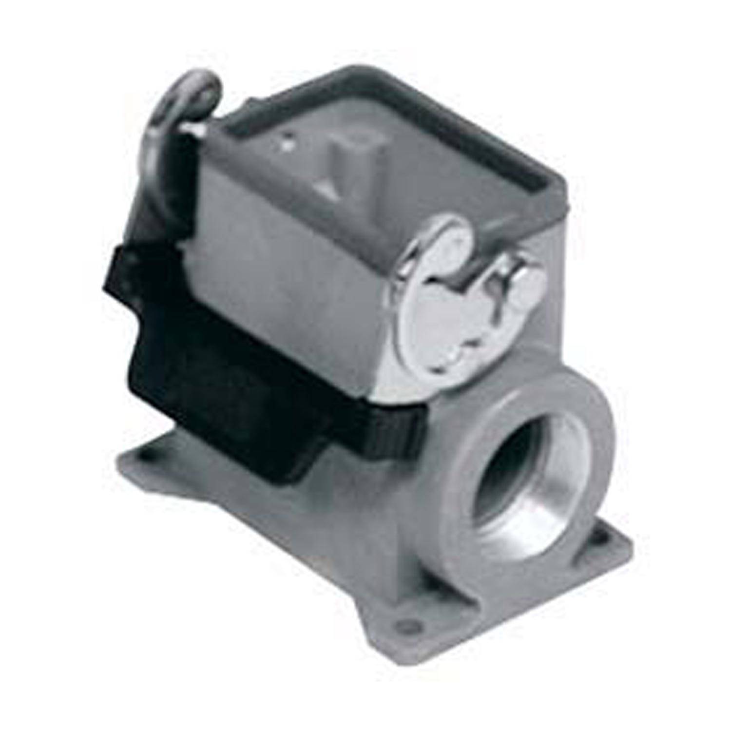 Ein Metallgehäuse für Industriesteckverbinder mit Verriegelungsmechanismus und Montagebasis, entwickelt für elektrische oder Maschinenwendungen.