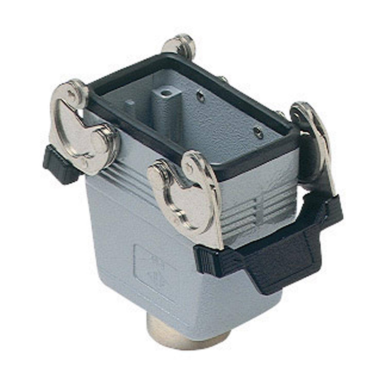 Graue Industriesteckverbinderhaube mit zwei Verriegelungen und einer gewindelten zylindrischen Öffnung, die in elektrischen oder mechanischen Anwendungen verwendet wird.