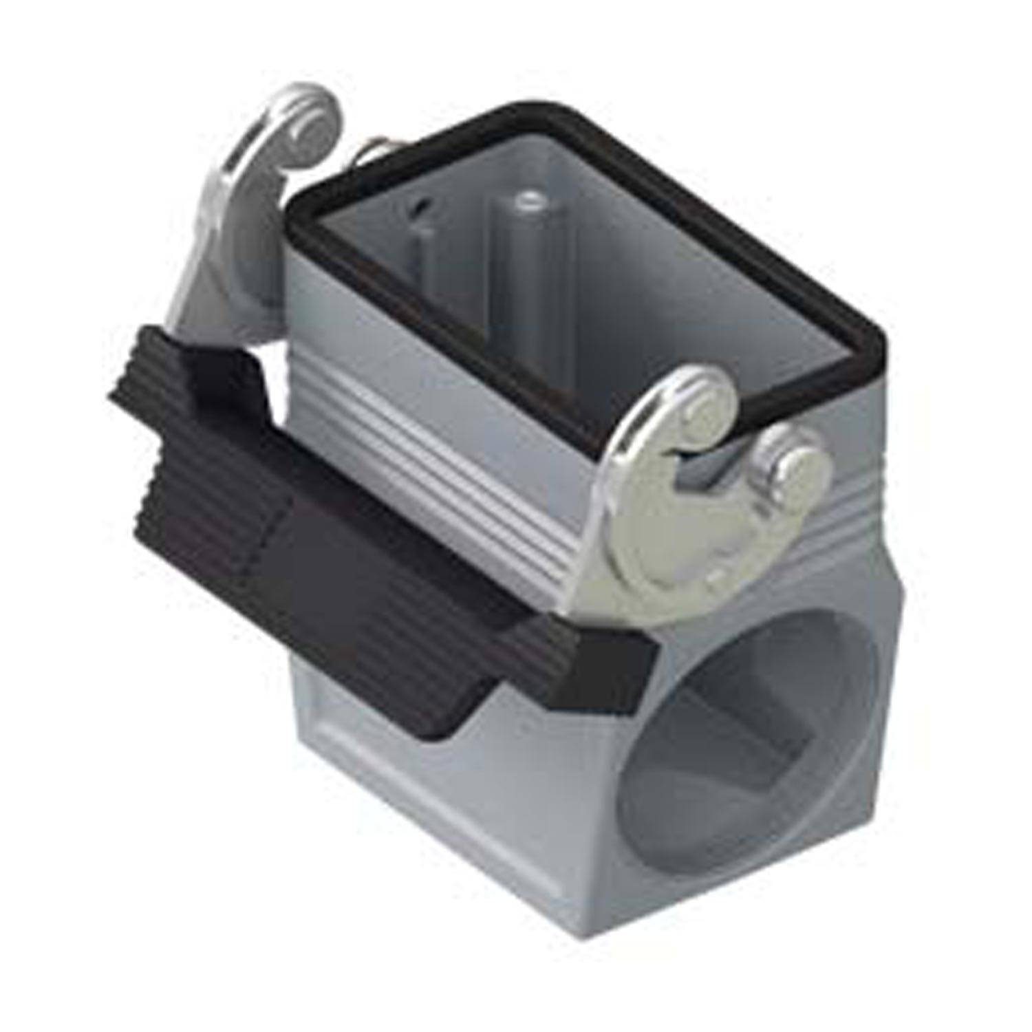 Ein metallisches rechteckiges Industriesteckverbinder-Gehäuse mit Verriegelungsmechanismus und Gummidichtung, konzipiert für elektrische Verbindungen.