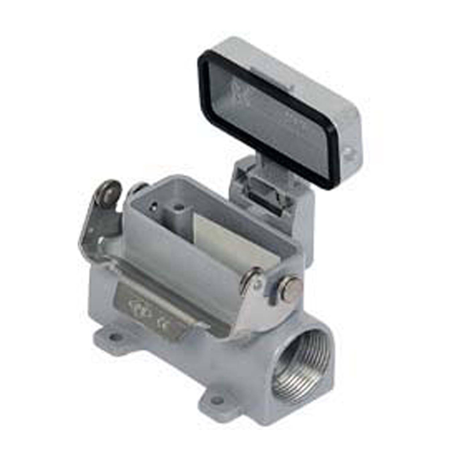 Metallgehäuse für Steckverbinder mit rechteckigem Klappdeckel und quadratischer Grundfläche, mit Gewindebohrung an der Seite für den Kabeleingang.