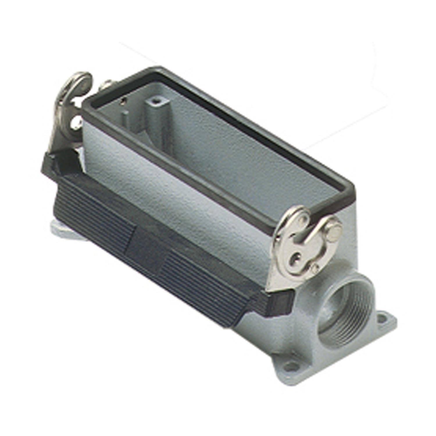 Ein rechteckiges Metallverbindungsgehäuse mit Seitenverschlüssen und einer kreisförmigen Öffnung für den Kabeleingang, das in industriellen Verdrahtungsanwendungen verwendet wird.