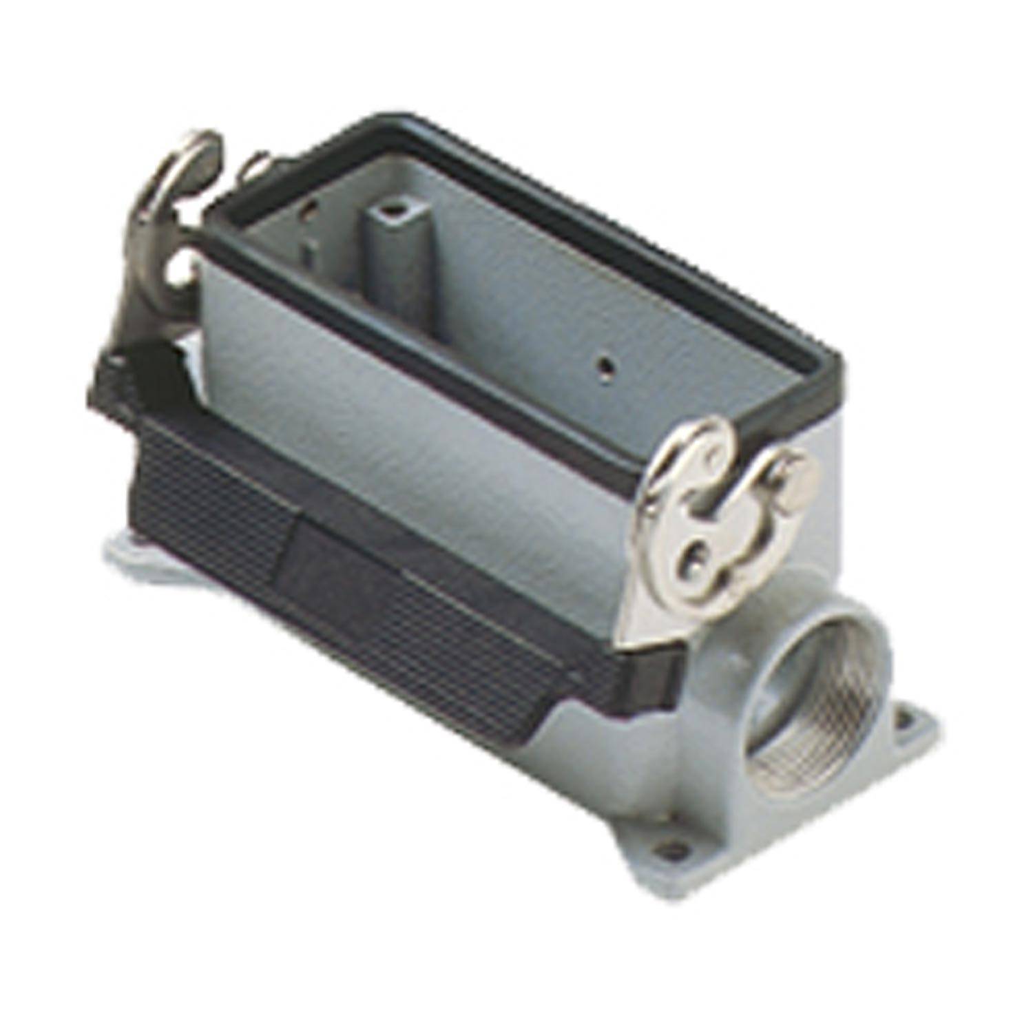 Ein rechteckiges Metallkabelgehäuse mit Scharnierverriegelungsmechanismus auf beiden Seiten und einem Gewindeverbinder an einem Ende zum Sichern von Kabeln.