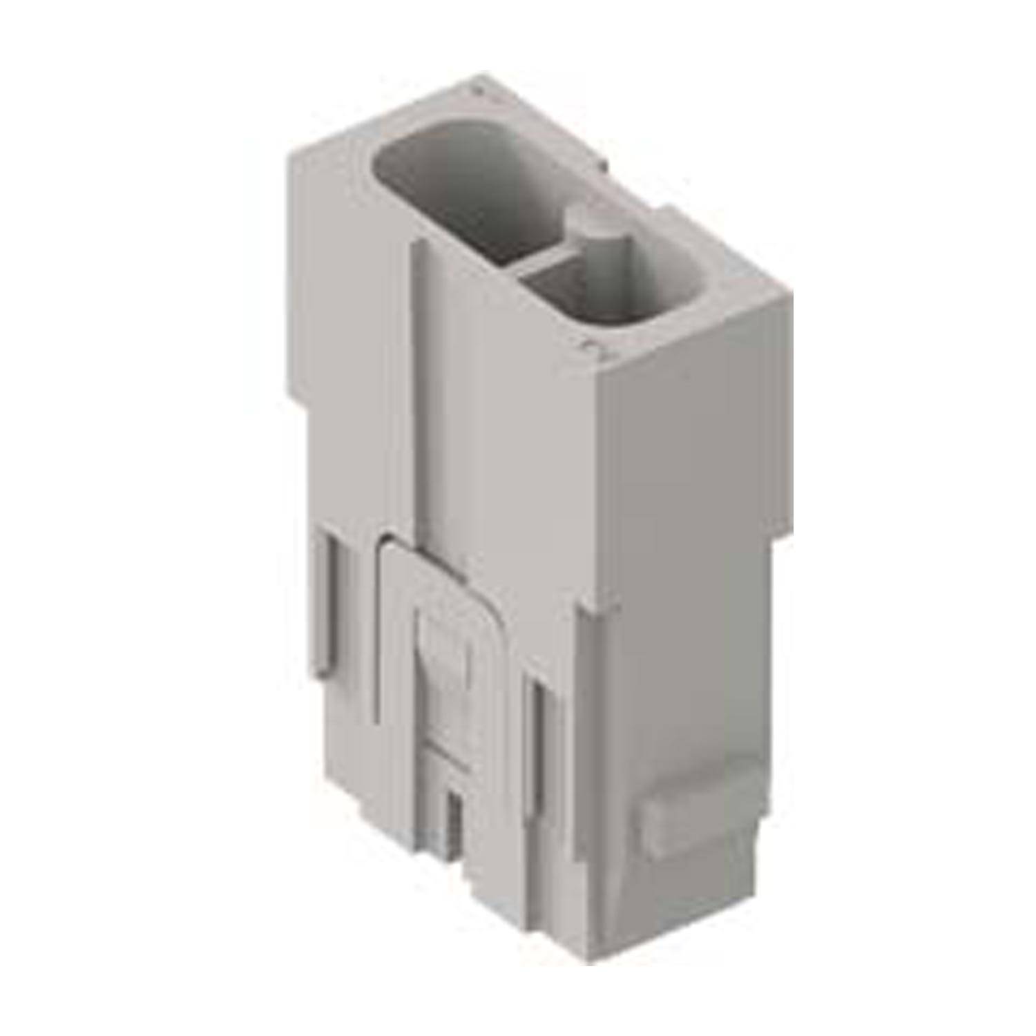 Ein 3D-gerendert Bild eines grauen Kunststoff-Elektrosteckergehäuses mit zwei Schlitzen zur Drahteinführung, das häufig in Automobilanwendungen verwendet wird.