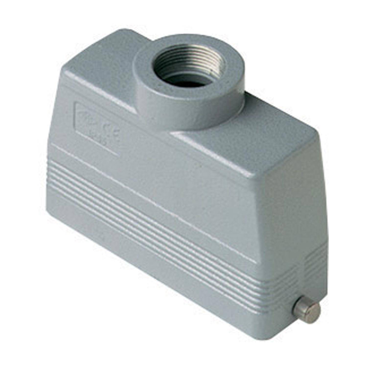 Ein graues, rechteckiges Gehäuse für einen Industriestecker mit einer Gewindebohrung oben und einer Schraube an der Basis, verwendet zum Sichern von Kabeln.