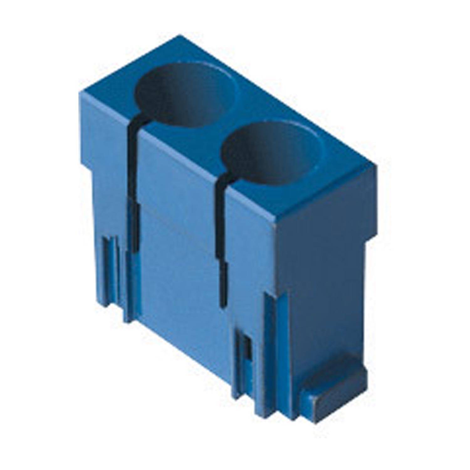 Ein rechteckiges, graues Metallgehäuse für Elektrostecker mit zwei silbernen Haken und einer schwarzen Verriegelung an der Basis, geeignet für industrielle Anwendungen.