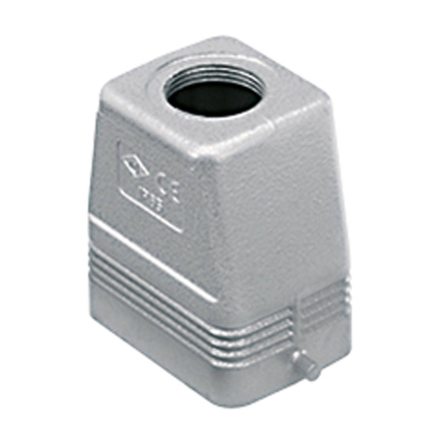 Metallisches rechteckiges Gehäuse für elektrische Komponenten mit gewindeförmiger Öffnung oben und einer kleinen Vorwölbung an der Seite.