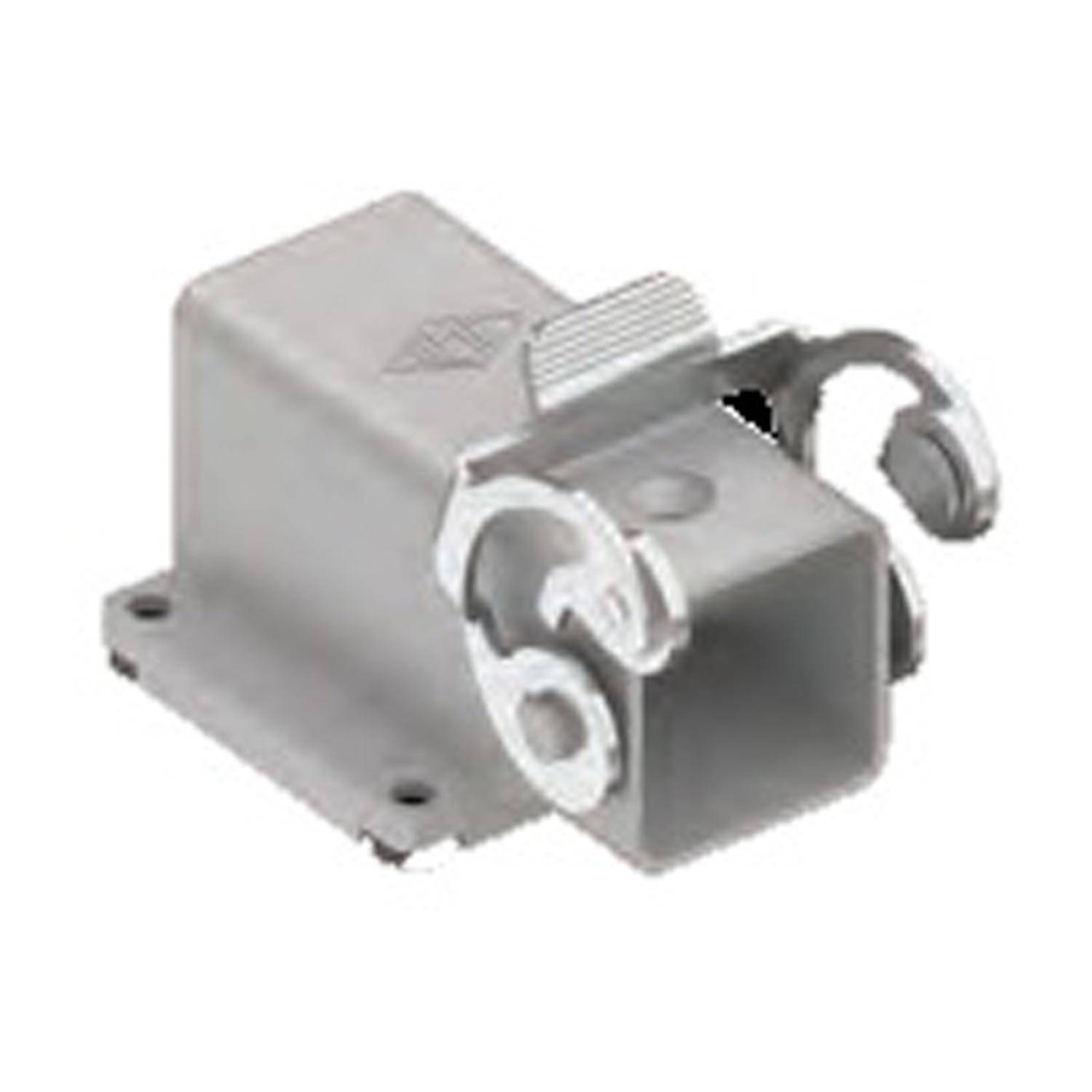 Ein metallischer Industriestecker mit rechteckiger Form und zwei kreisförmigen Klemmen an der Seite, der für sichere elektrische Verbindungen verwendet wird.