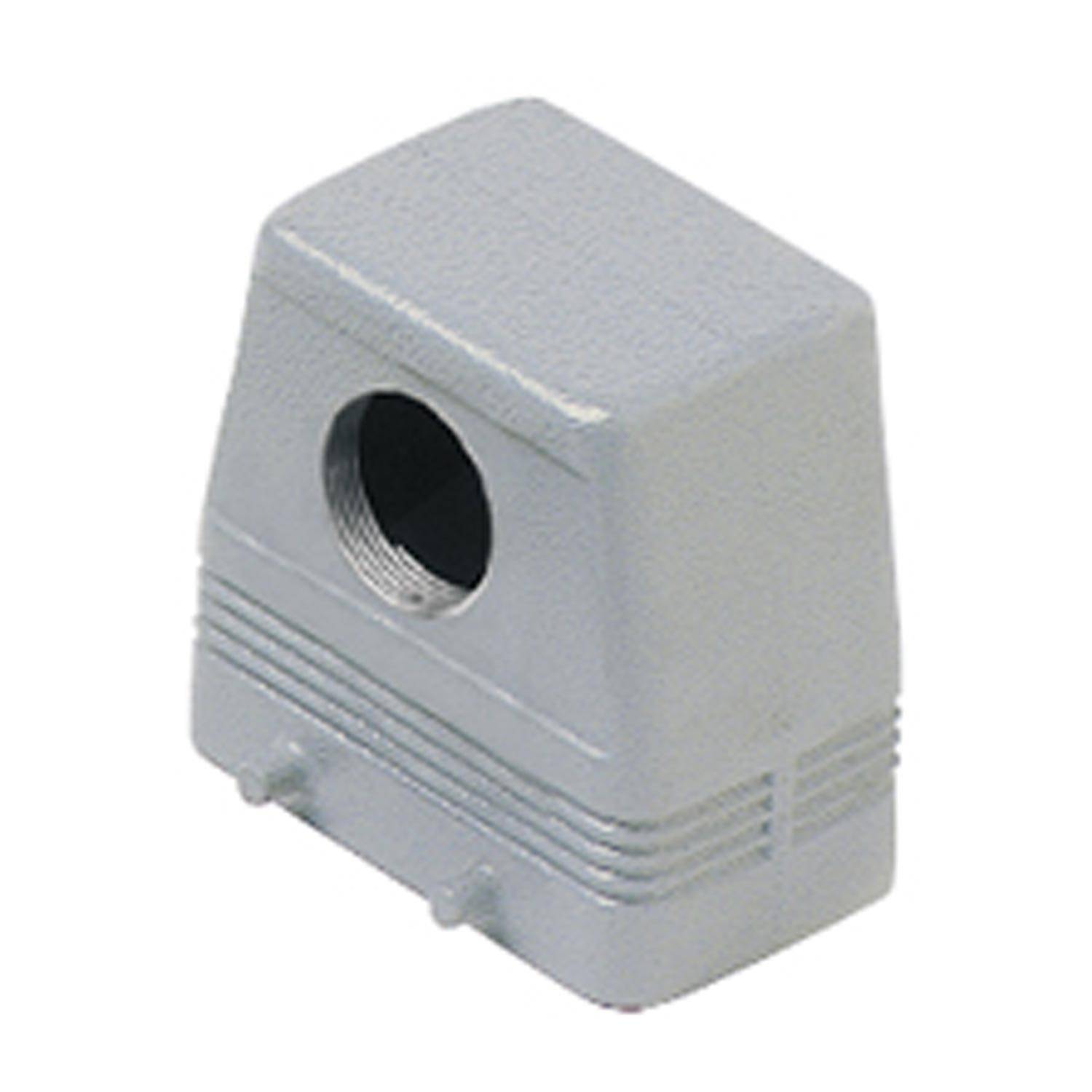 Rechteckiges Metallgehäuse für elektrische Steckverbinder mit Seitenverschlüssen zur Befestigung von Kabeln. Geeignet für industrielle Anwendungen.