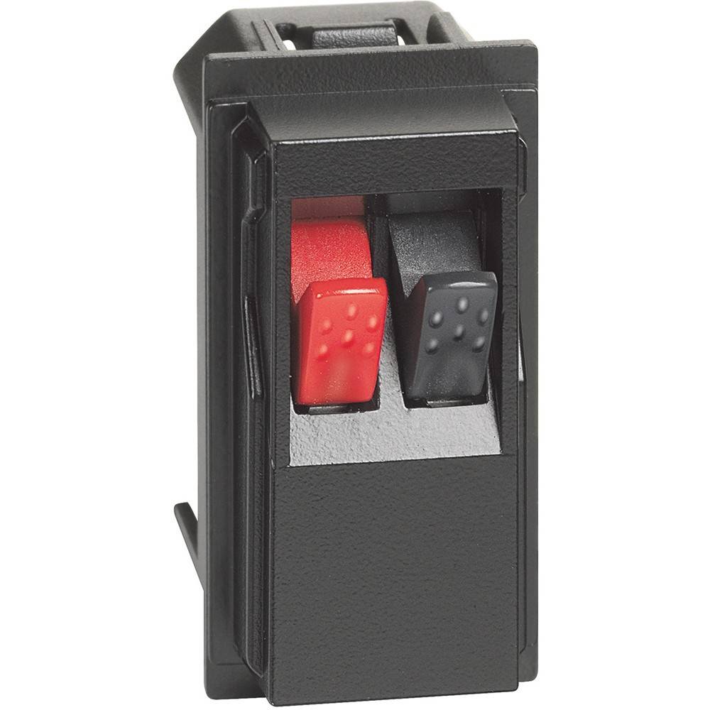 Ein schwarzer Anschlussblock mit zwei Hebeln, einem roten und einem schwarzen. Das Gerät wird zum sicheren Verbinden von elektrischen Leitungen verwendet.
