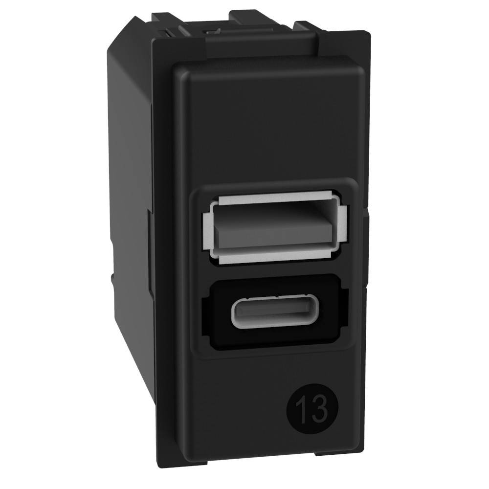 Eine schwarze USB-Buchse mit einem USB Typ-A und einem USB Typ-C Anschluss, die auf einem rechteckigen Montagemoddul mit der Beschriftung 