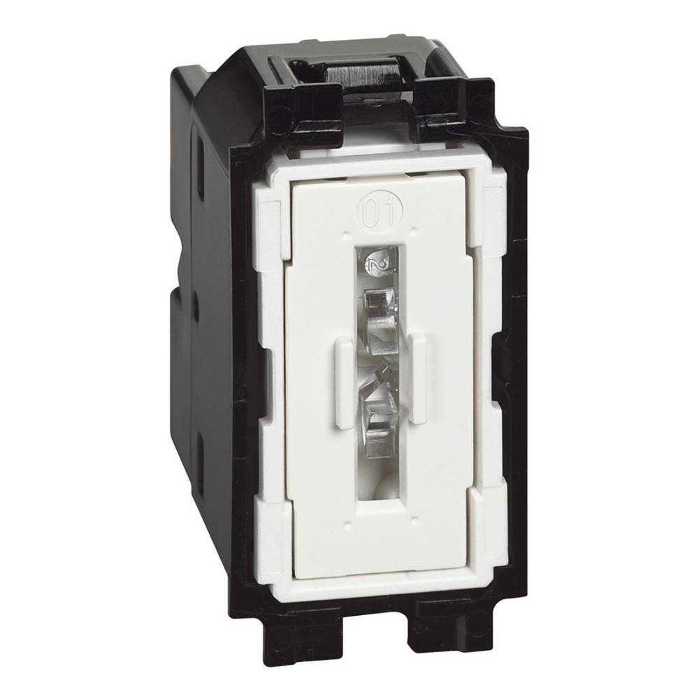 Nahaufnahme einer schwarzen und weißen elektrischen Schalterkomponente mit sichtbarem Kippschalter, geeignet für die Installation in Standard-Schalterplatten.