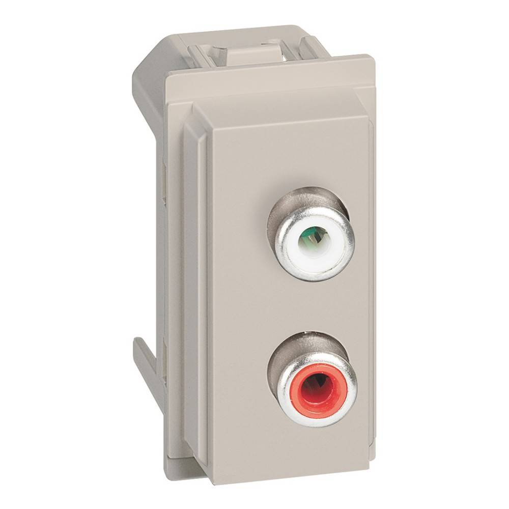 Eine elektrische Wandsteckdose mit zwei RCA-Audio-Buchsen, einer weißen und einer roten, in einem beigen Rahmen, die typischerweise für Audioverbindungen verwendet wird.