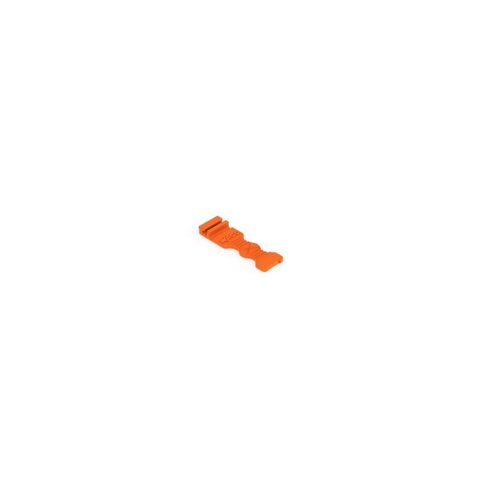 Ein orangefarbenes Kunststoffobjekt mit welligen Kanten auf weißem Hintergrund, wahrscheinlich ein Werkzeug oder Spielzeug, gezeigt in einer Dreiviertelsansicht.
