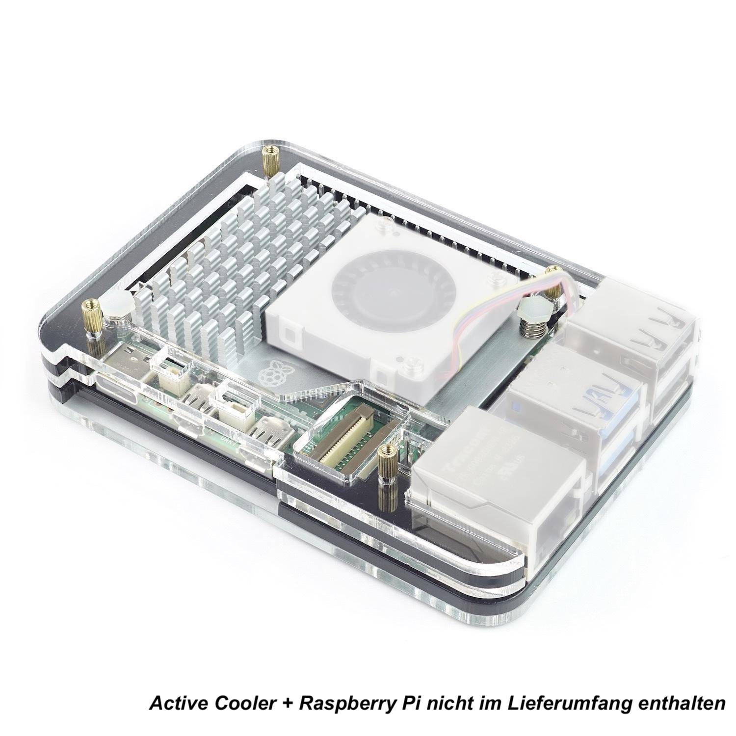 Slim Acryl Gehäuse für Raspberry Pi 5 + Active Cooler, stackable, transparent/schwarz