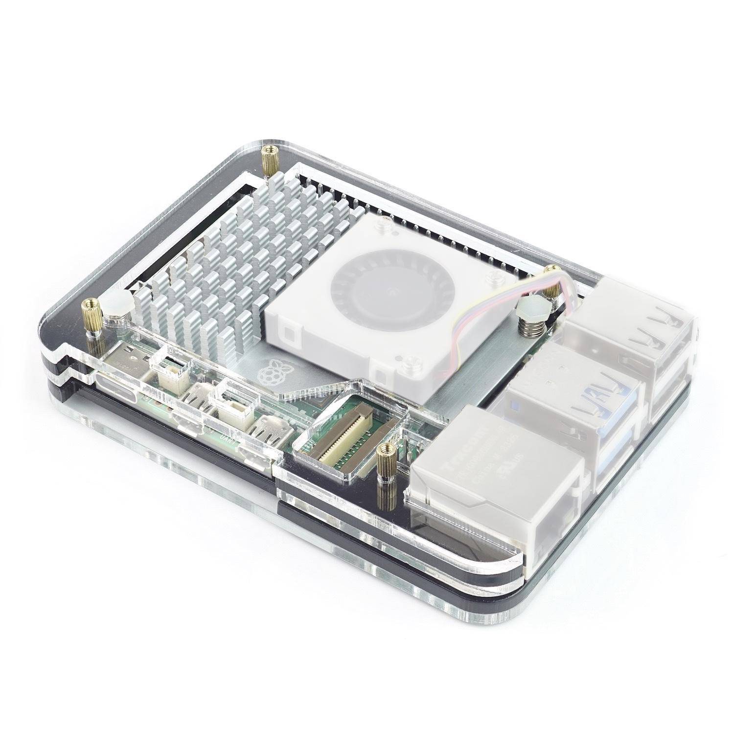 Slim Acryl Gehäuse für Raspberry Pi 5 + Active Cooler, stackable, transparent/schwarz