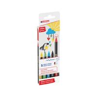 Packung mit Faber-Castell Metallic-Markern, zeigt sechs farbige Stifte und eine Sonne-Wolken-Zeichnung auf der Schachtel.