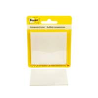 Ein Paket transparenter Post-it Haftnotizen mit einer teilweise entfernten Notiz. Die Verpackung ist gelb mit dem Markennamen in der oberen linken Ecke.