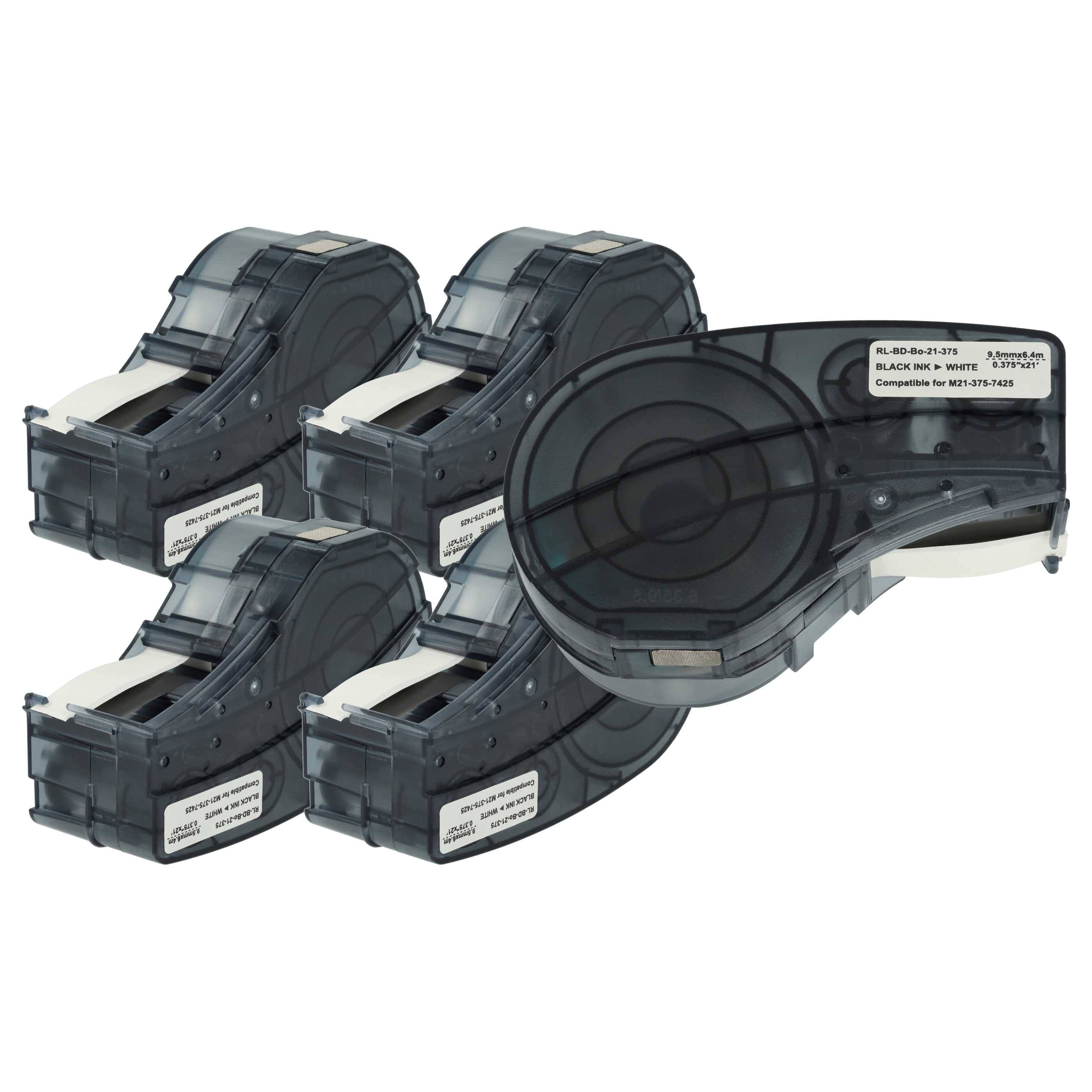vhbw 5x Schriftband-Kassette kompatibel mit Brady BMP21-LAB | BMP21-PLUS, ID PAL, BMP21 Etiketten-Drucker 6,4m x 9,5mm Schwarz auf Weiß
