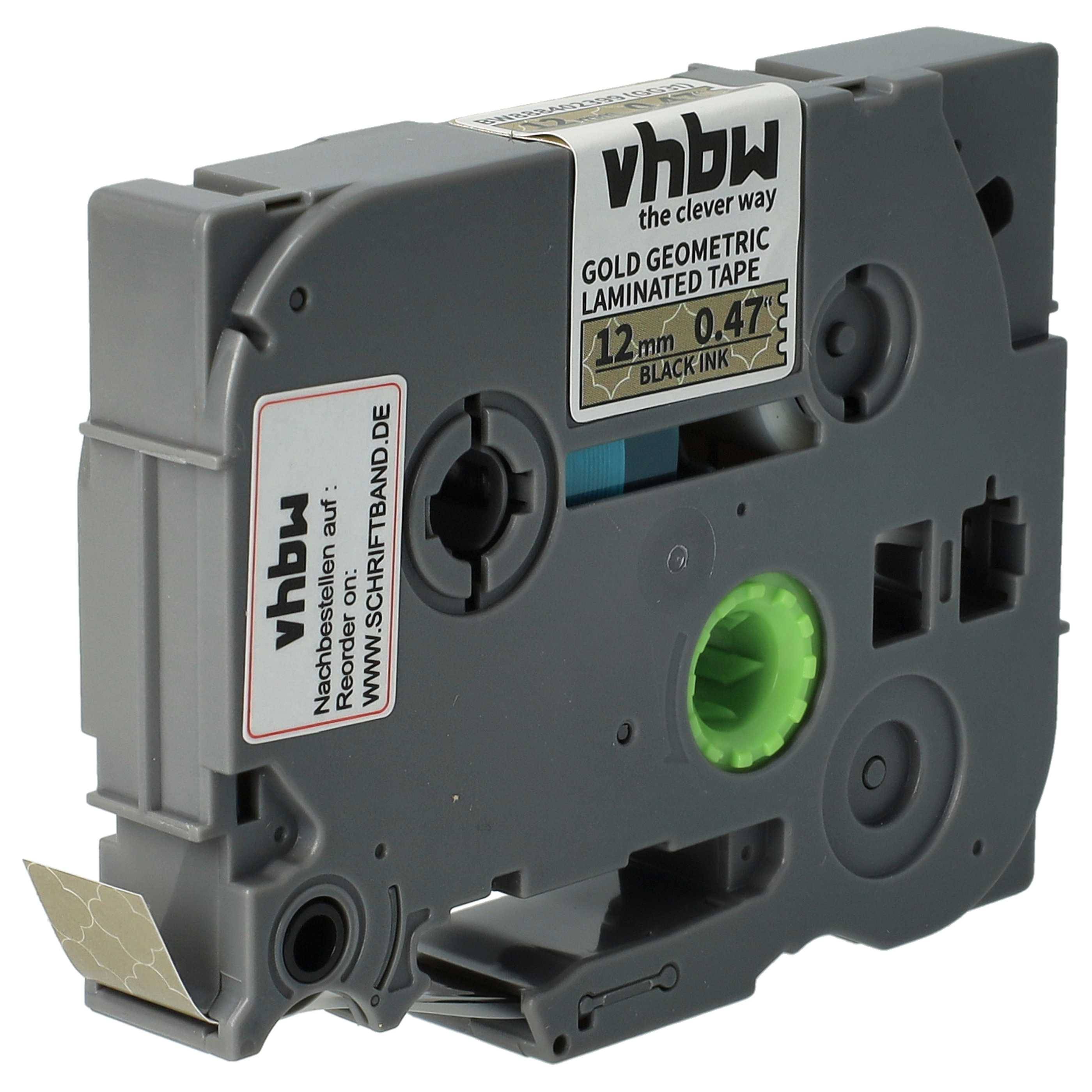 vhbw Schriftband-Kassette kompatibel mit Brother PT D200KT, D200MA, D200G Etiketten-Drucker 4m x 12mm Schwarz auf Gold (geometrisch), Laminiert