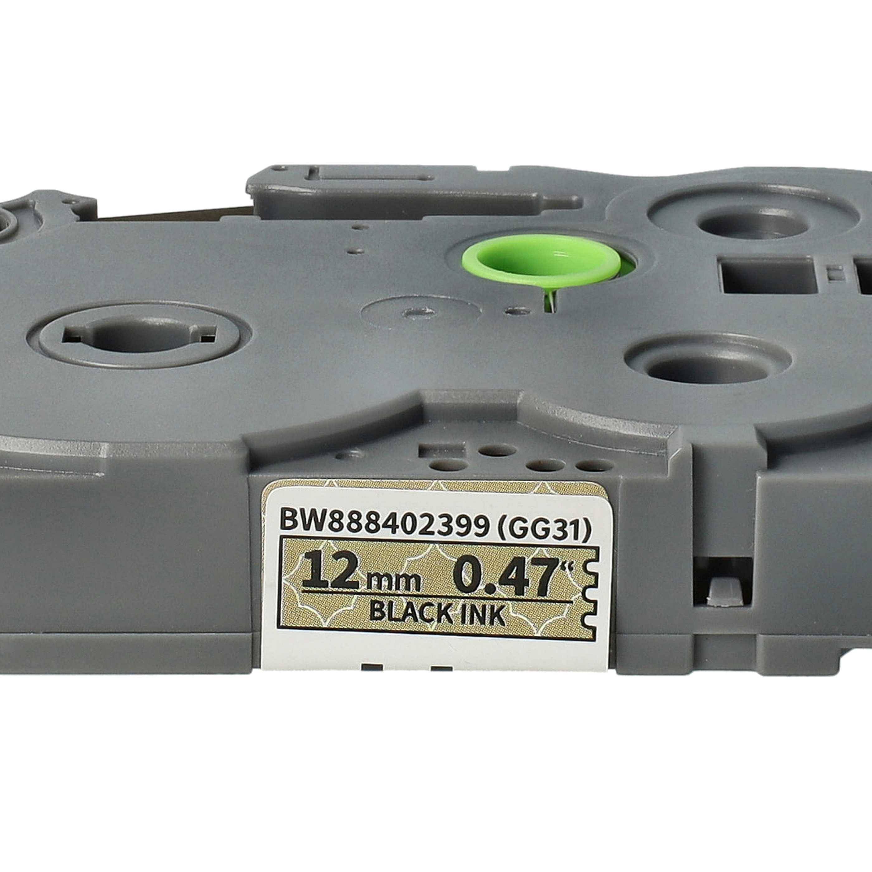 vhbw Schriftband-Kassette kompatibel mit Brother PT 1080, 1010NB, 1010R1 Etiketten-Drucker 4m x 12mm Schwarz auf Gold (geometrisch), Laminiert