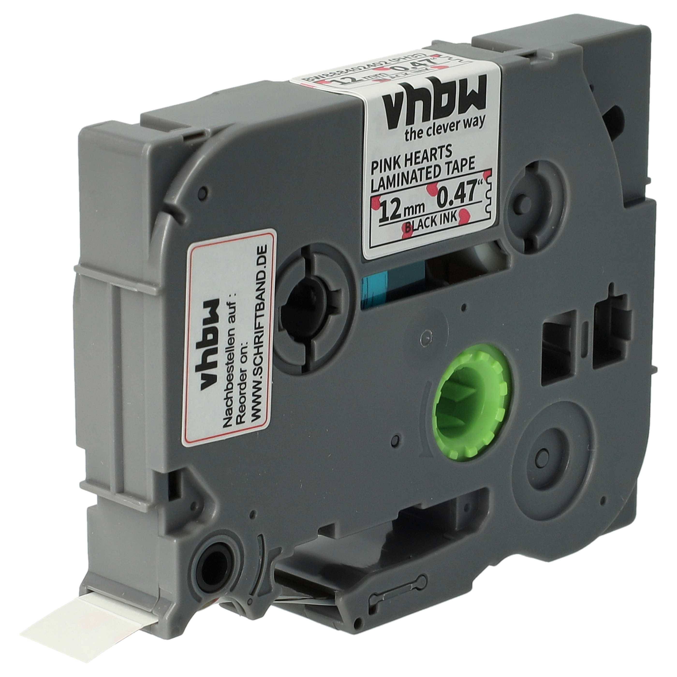 vhbw Schriftband-Kassette kompatibel mit Brother PT 7500VP, 7600VP, 7100VP Etiketten-Drucker 4m x 12mm Schwarz auf Weiß m. rosa Herzen, Laminiert