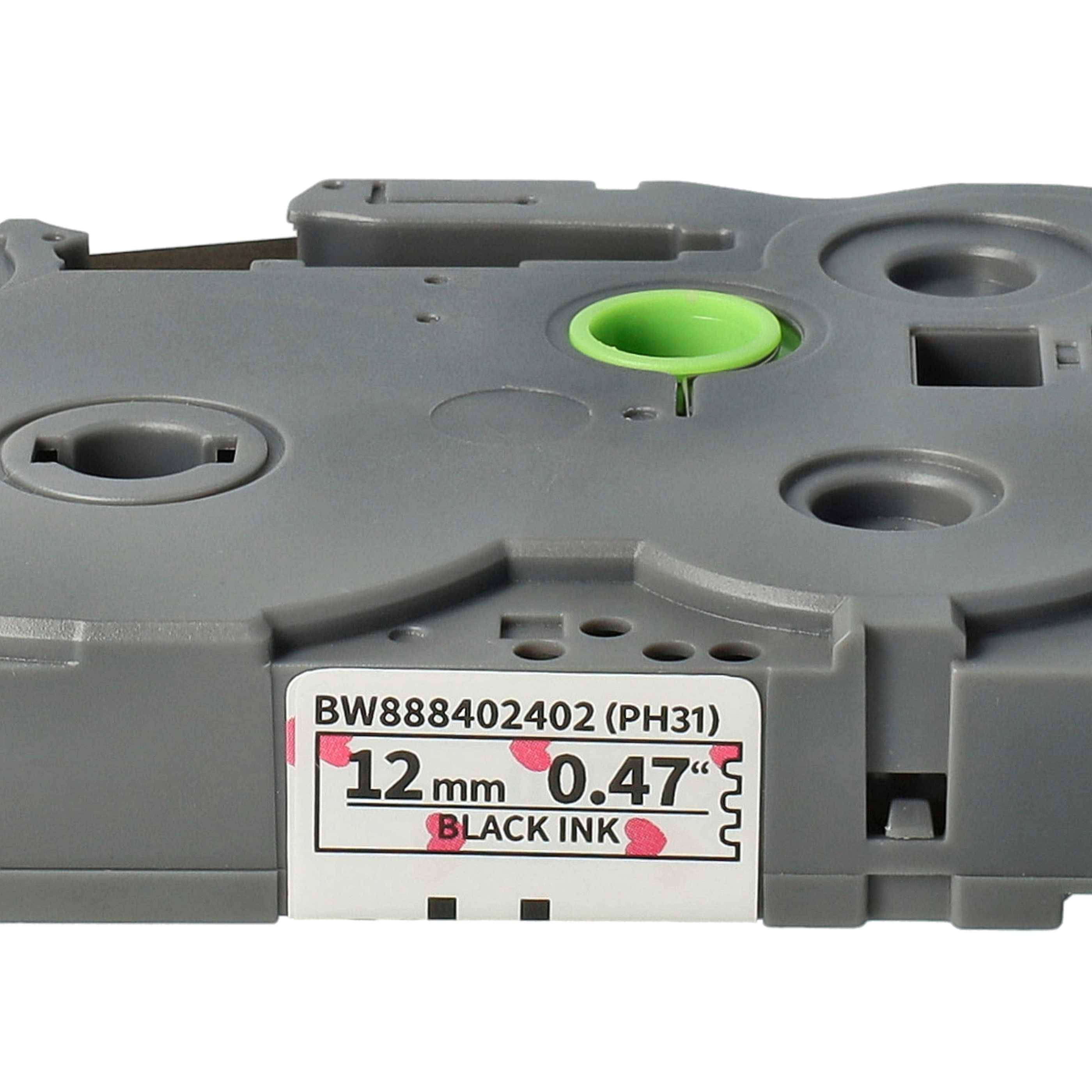 vhbw Schriftband-Kassette kompatibel mit Brother PT 1280SR, 1280DT, 1280SP Etiketten-Drucker 4m x 12mm Schwarz auf Weiß m. rosa Herzen, Laminiert