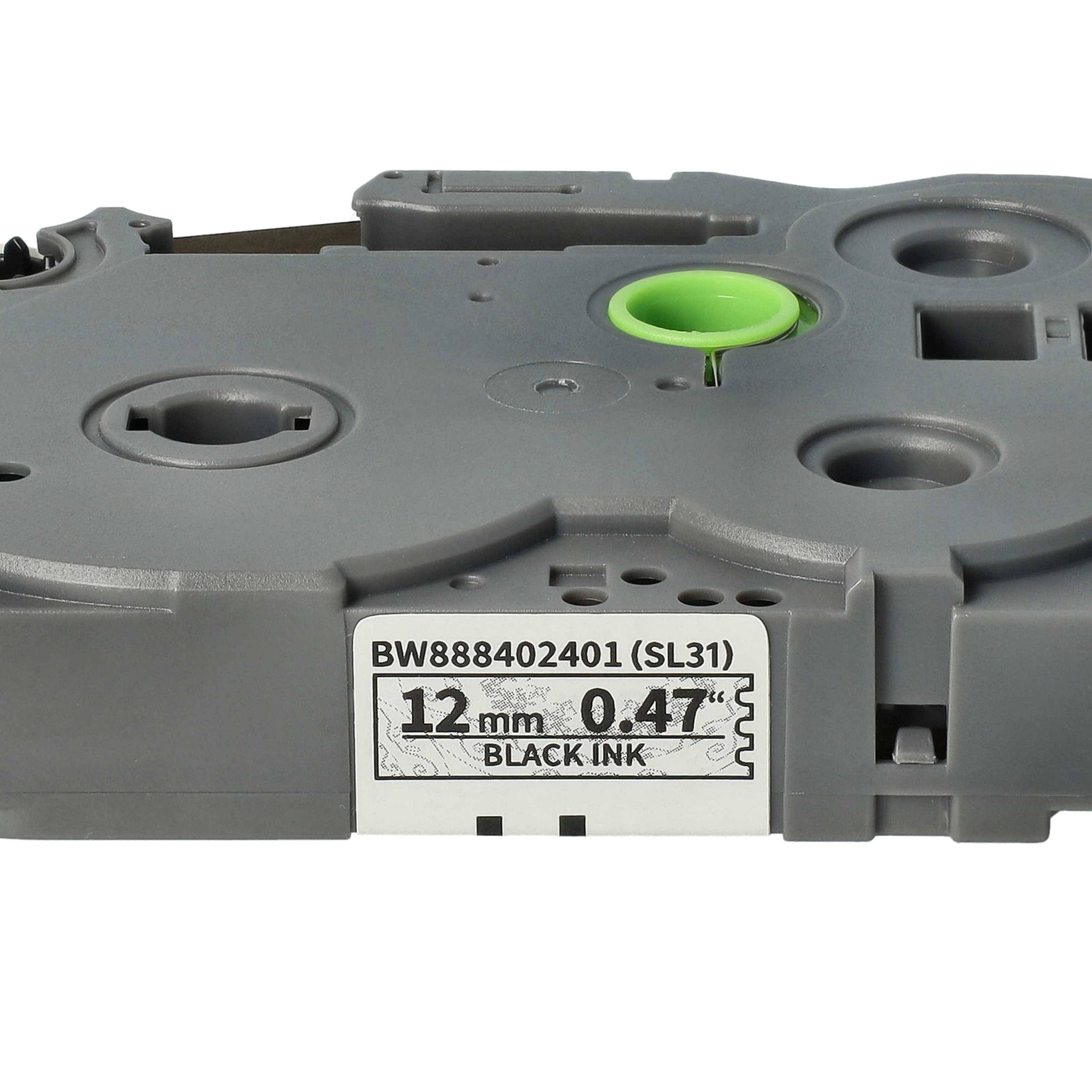 vhbw Schriftband-Kassette kompatibel mit Brother PT D200BW, D200DA Etiketten-Drucker 4m x 12mm Schwarz auf Weiß m. silberner Spitze, Laminiert