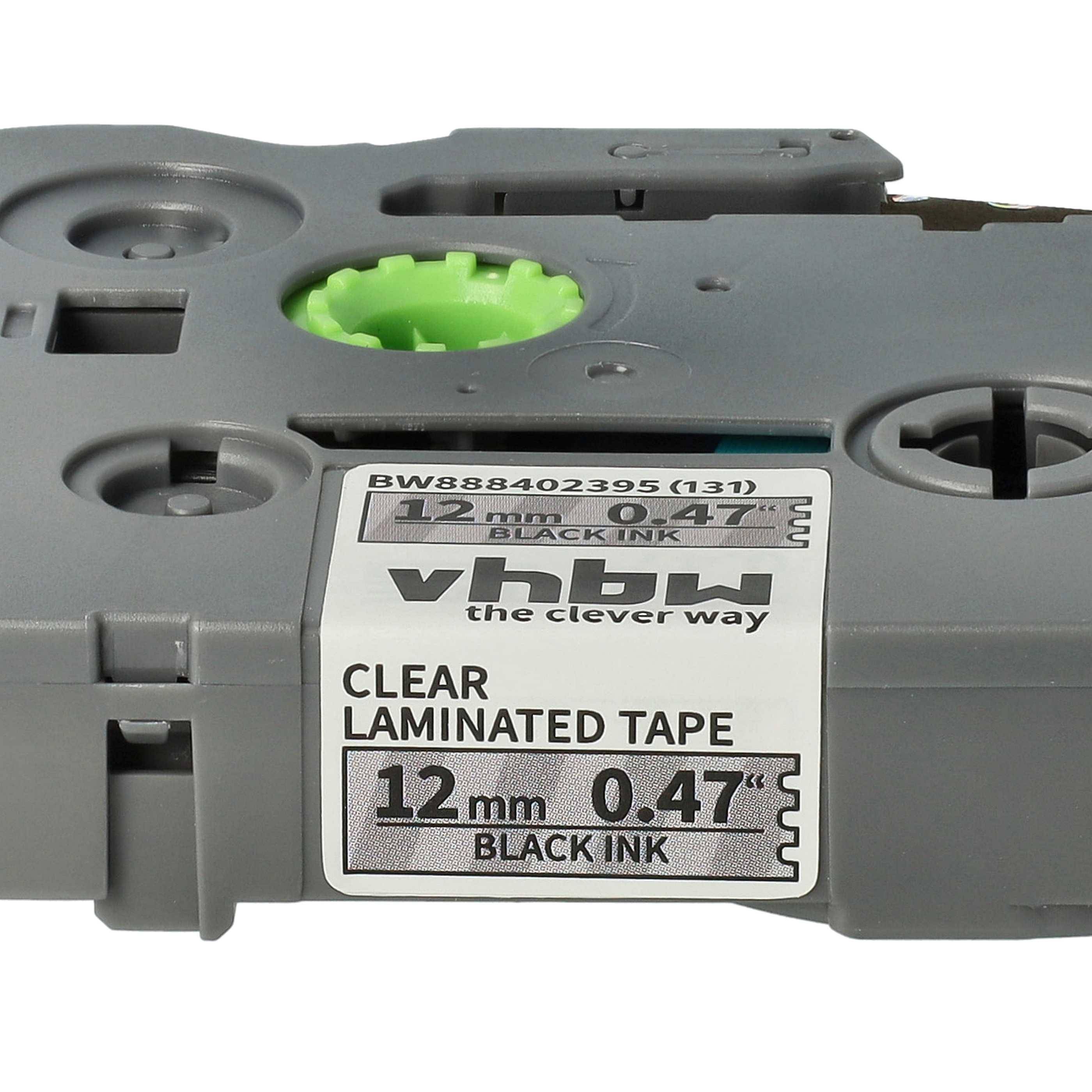 vhbw Schriftband-Kassette kompatibel mit Brother PT 9000-Serie, 9200, 900BTS, 900F Etiketten-Drucker 4m x 12mm Schwarz auf Transparent, Laminiert