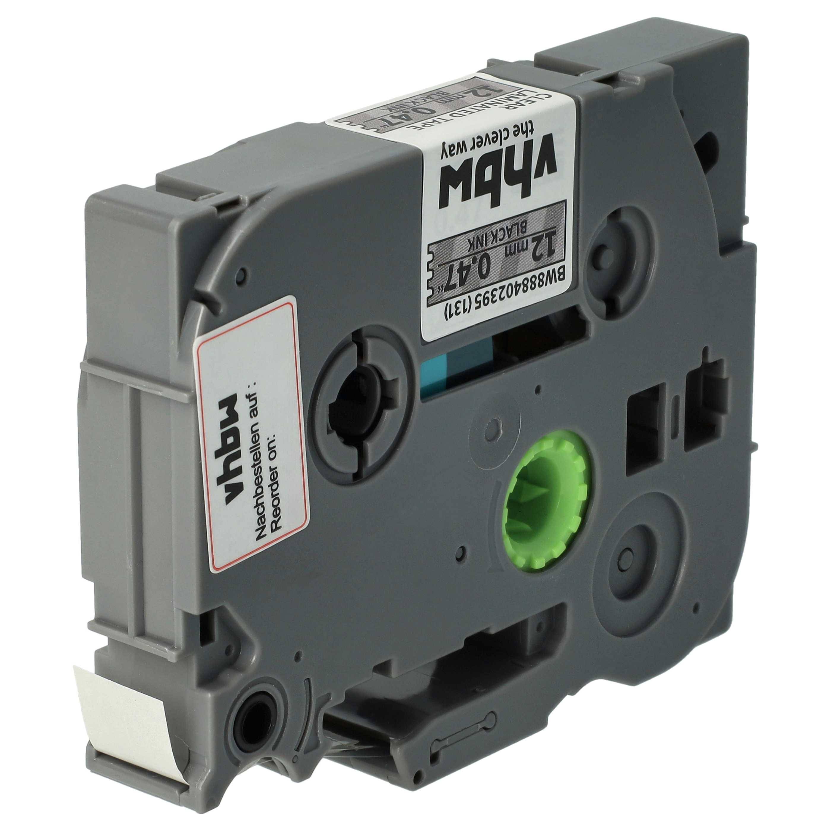 vhbw Schriftband-Kassette kompatibel mit Brother GL H105, 100, 200, H100 Etiketten-Drucker 4m x 12mm Schwarz auf Transparent, Laminiert