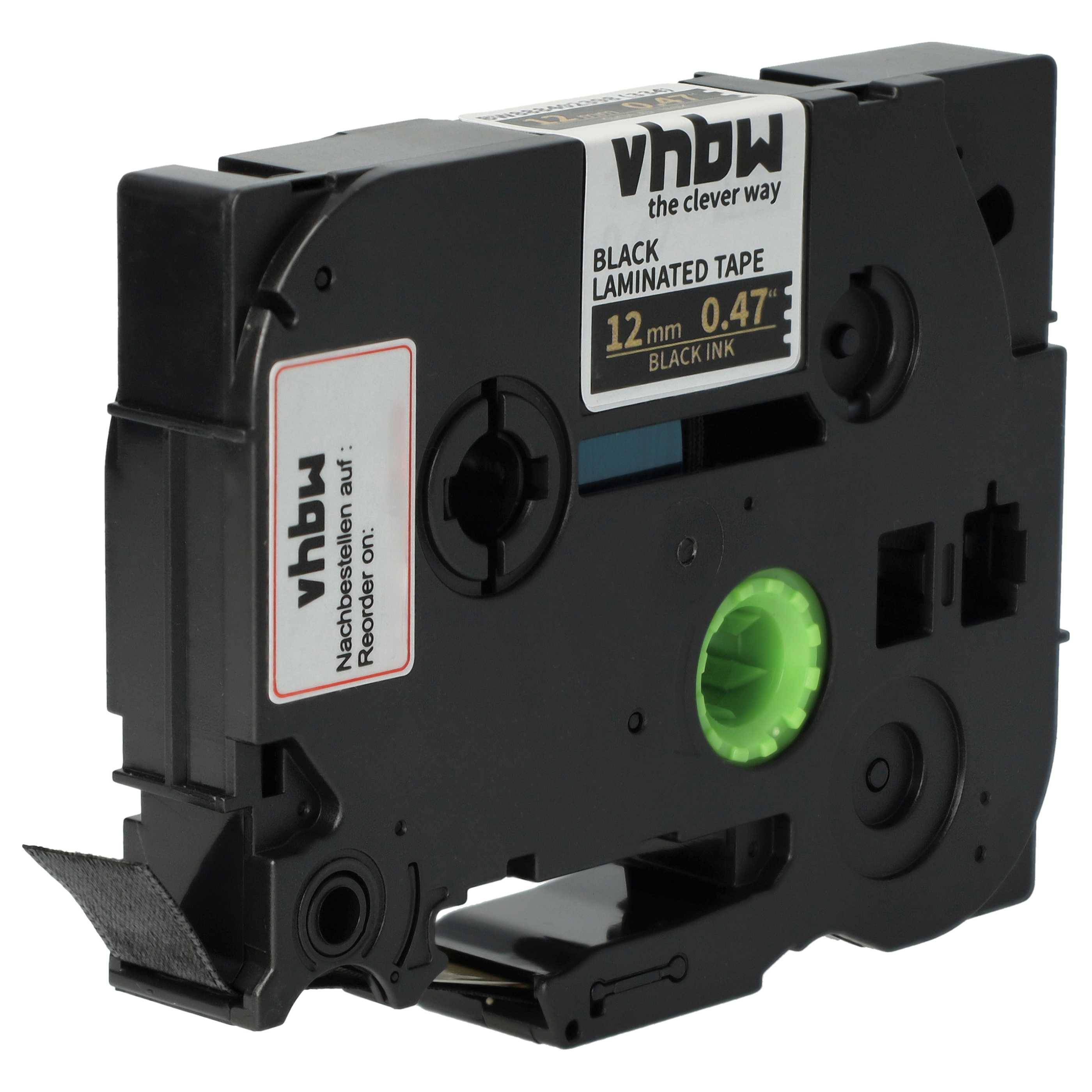 vhbw Schriftband-Kassette Textil kompatibel mit Brother PT D210, D210BK, D201, D210VP, D201CS, D202 Etiketten-Drucker 4m x 12mm Gold auf Schwarz