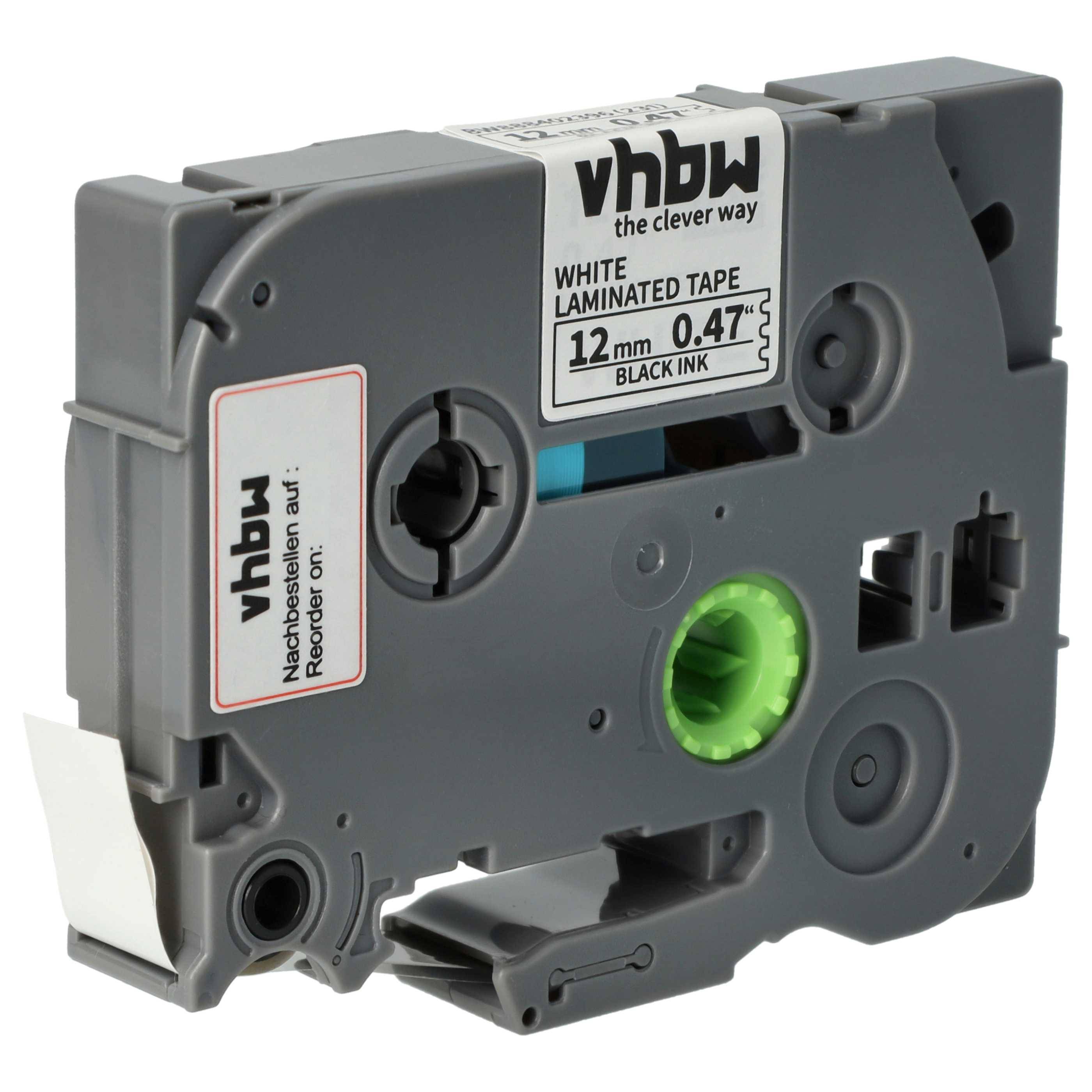 vhbw Schriftband-Kassette kompatibel mit Brother PT 1250LB, 1250S, 1250VP, 1250VPS, 1260 Etiketten-Drucker 4m x 12mm Schwarz auf Weiß, Laminiert