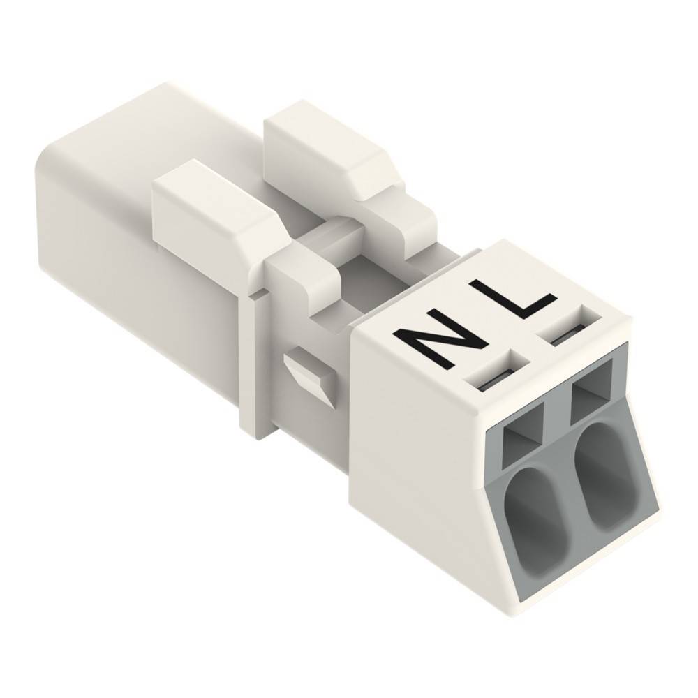 Ein weißer schraubenloses Druckdraht-Steckverbinder mit der Bezeichnung NL, konzipiert für elektrische Verbindungen, mit doppelten Schlitzen zum Einführen von Drähten.