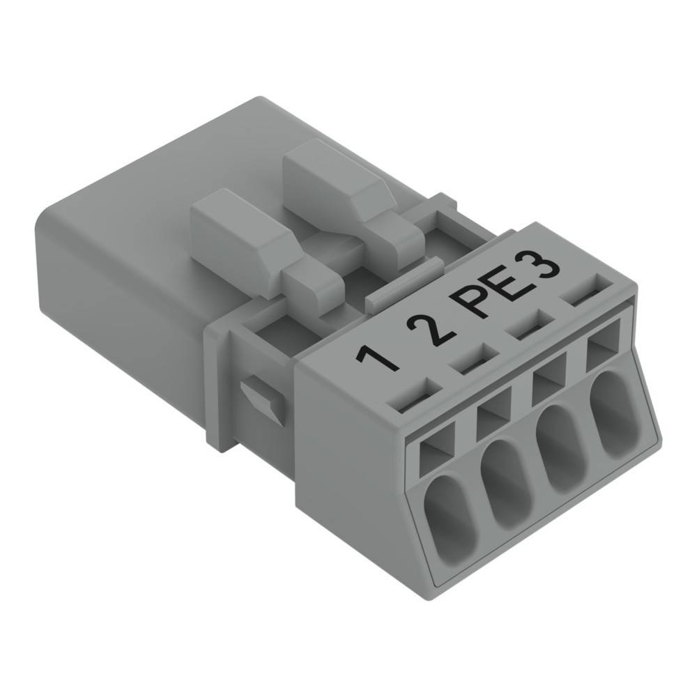 Ein grauer Elektrostecker mit vier Anschlüssen, die mit „1