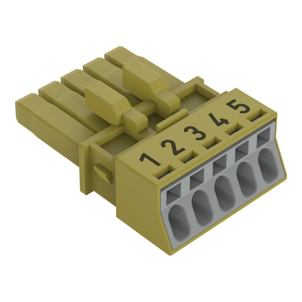 Eine 3D-Illustration eines gelben Elektrosteckers mit fünf nummerierten Anschlüssen, gekennzeichnet mit den Nummern 1 bis 5.