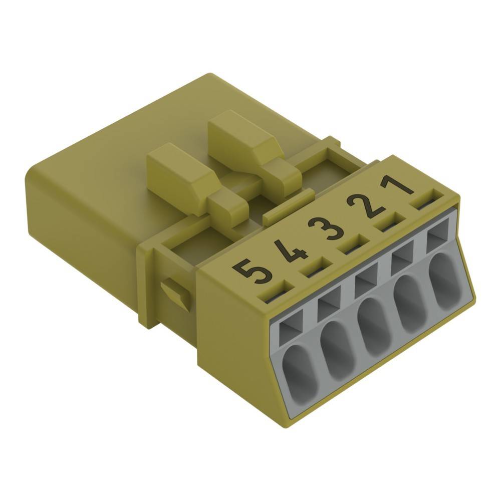 Ein fünfpoliger weiblicher Elektrostecker mit gelbem Gehäuse, beschriftet mit den Nummern 1 bis 5 von rechts nach links.