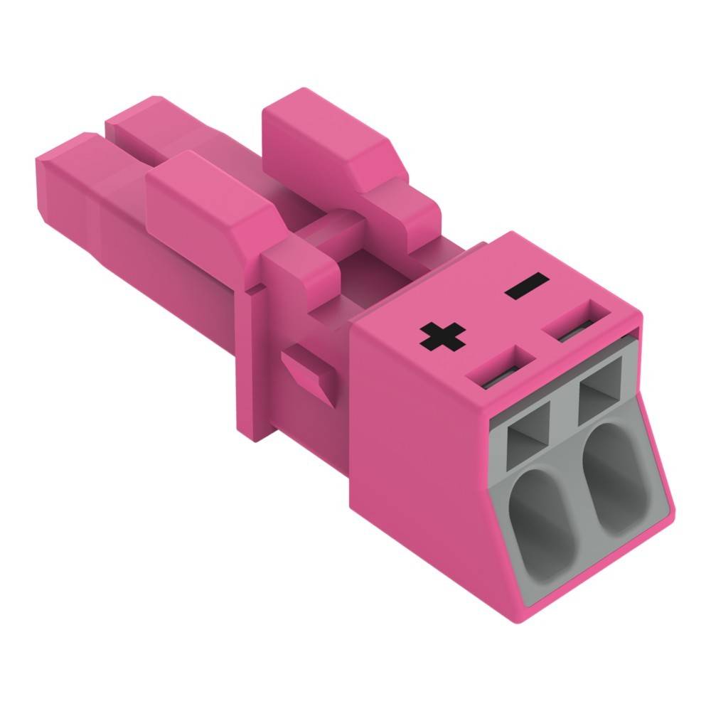 Ein rosa elektrischer Stecker mit '+' und '-' Symbolen, mit zwei Schlitzen zum Einführen von Drähten, konzipiert zum Verbinden von Stromeingangsanschlüssen.