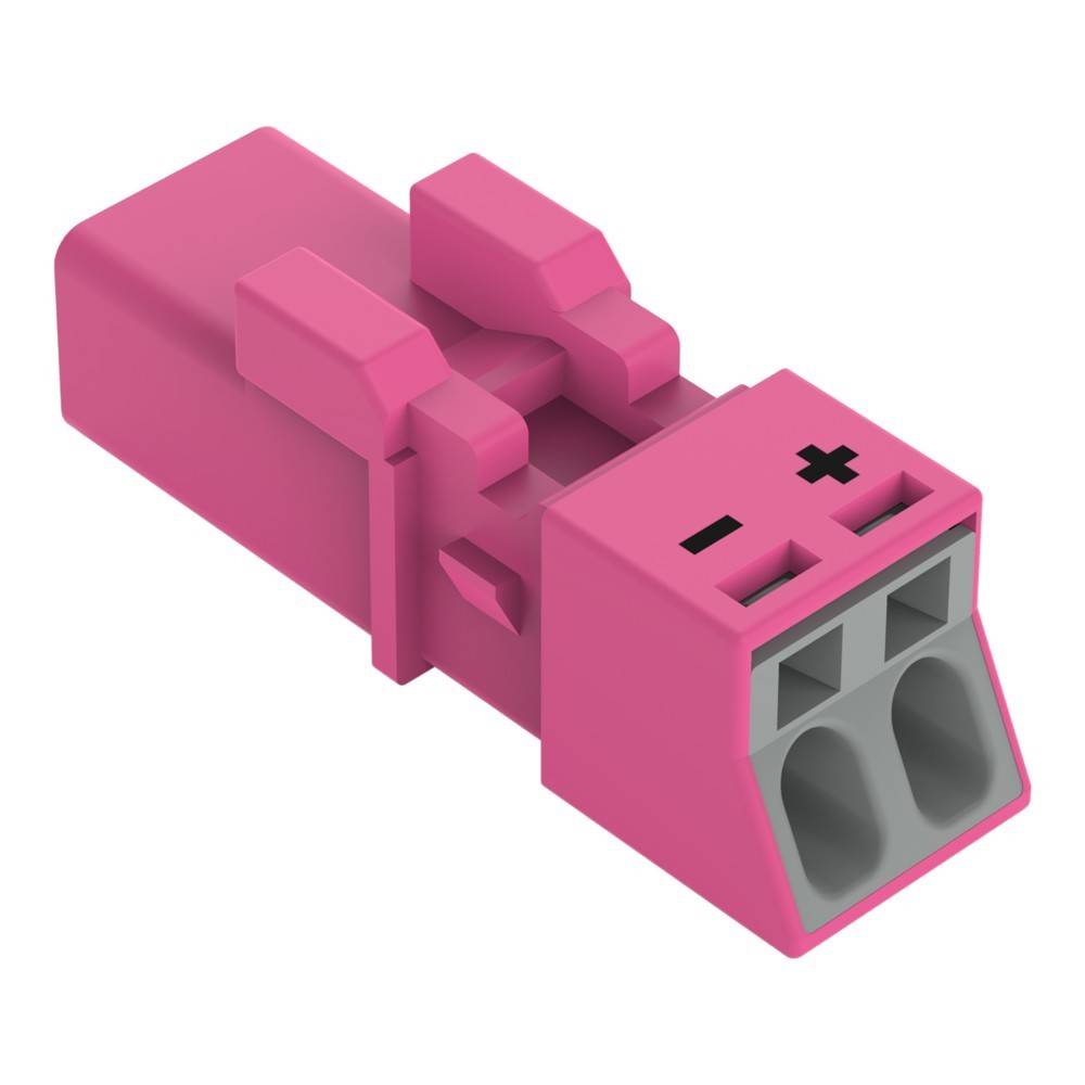 Ein rosa und grauer elektrischer Stecker mit zwei Steckanschlüssen, die mit den Symbolen „+