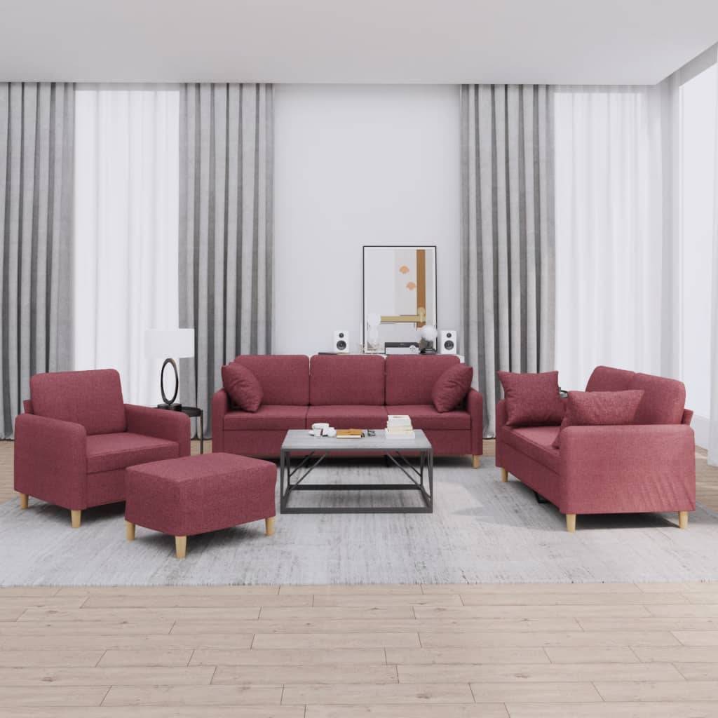 vidaXL 4-tlg. Sofagarnitur mit Kissen Weinrot Stoff