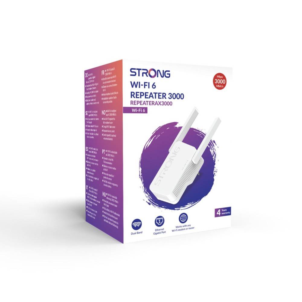 Wi-Fi 6 Repeater 3000 Verpackung mit Abbildung des Geräts, Funktionen wie Dual-Band und Gigabit-Port, wobei die Geschwindigkeit von '3000' Mbit/s hervorgehoben wird.