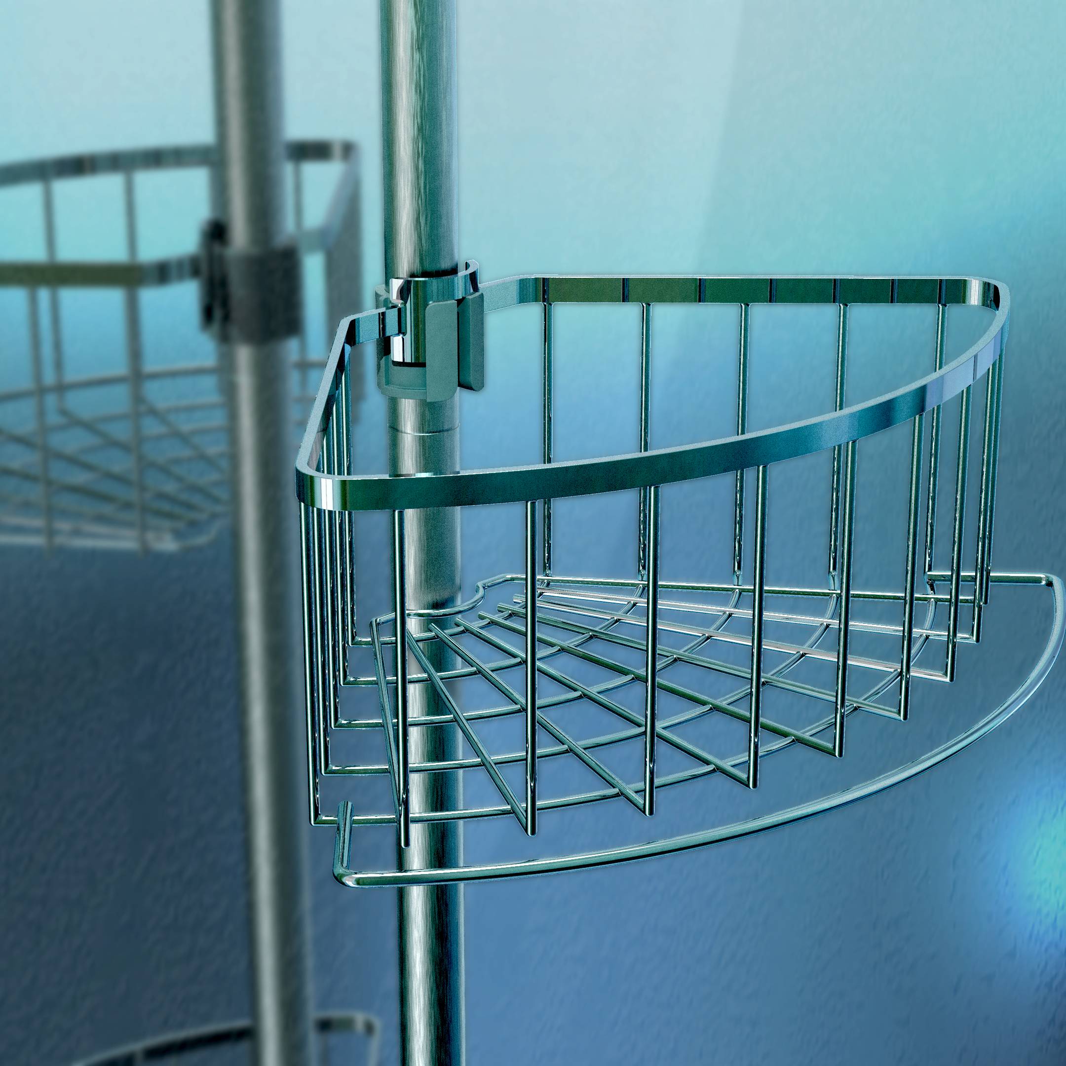 Eine Draht-Eckablage für die Dusche, die an einer Metallstange befestigt ist und darauf ausgelegt ist, Badutensilien mit einem eleganten, modernen Erscheinungsbild zu organisieren.