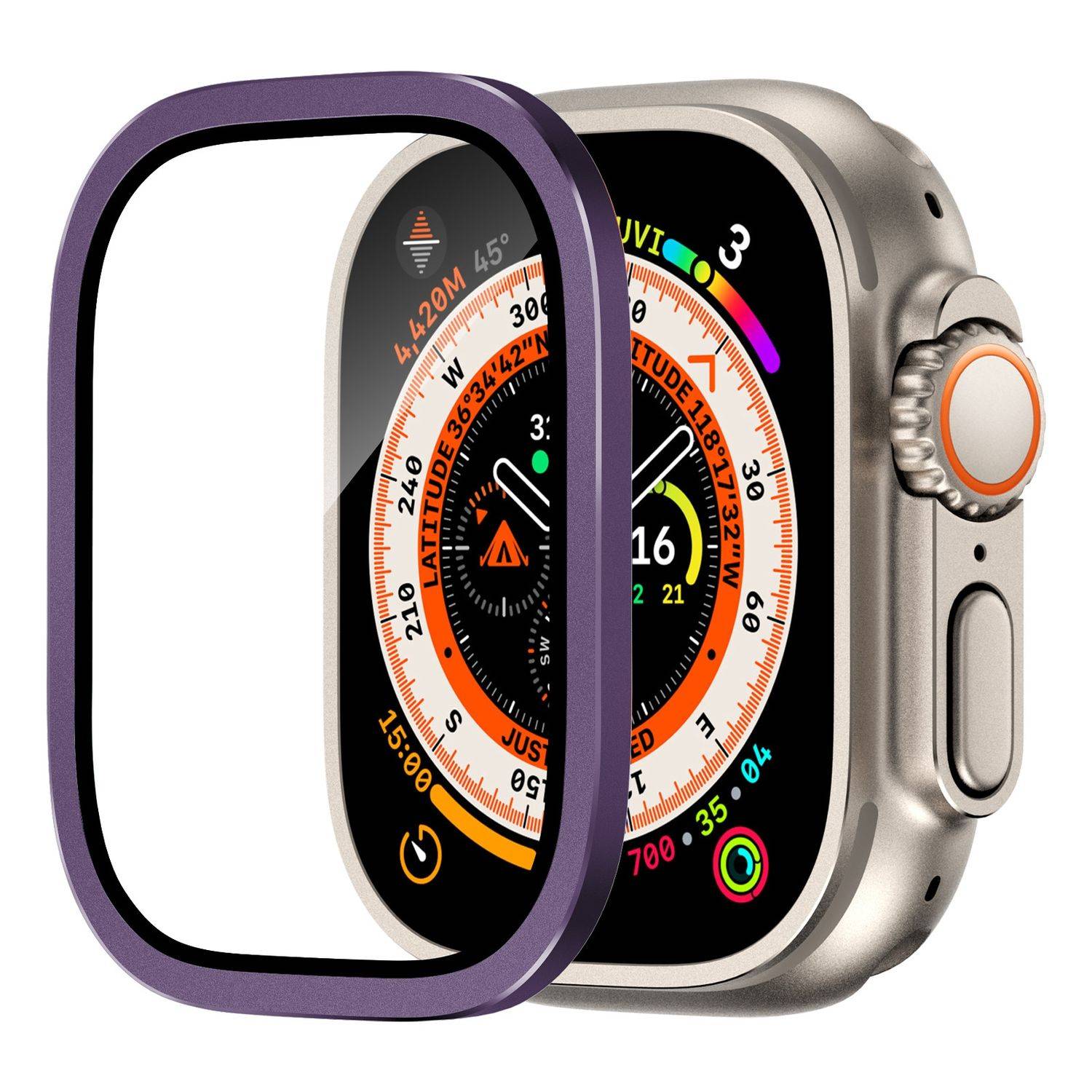 Für Apple Watch Ultra 49mm Aluminiumlegierung Hülle + Hart Glas Lila
