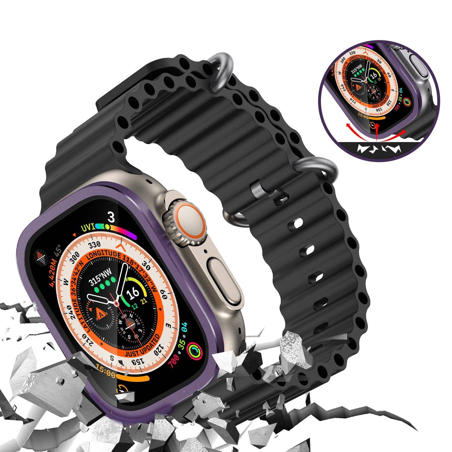 Für Apple Watch Ultra 49mm Aluminiumlegierung Hülle + Hart Glas Lila