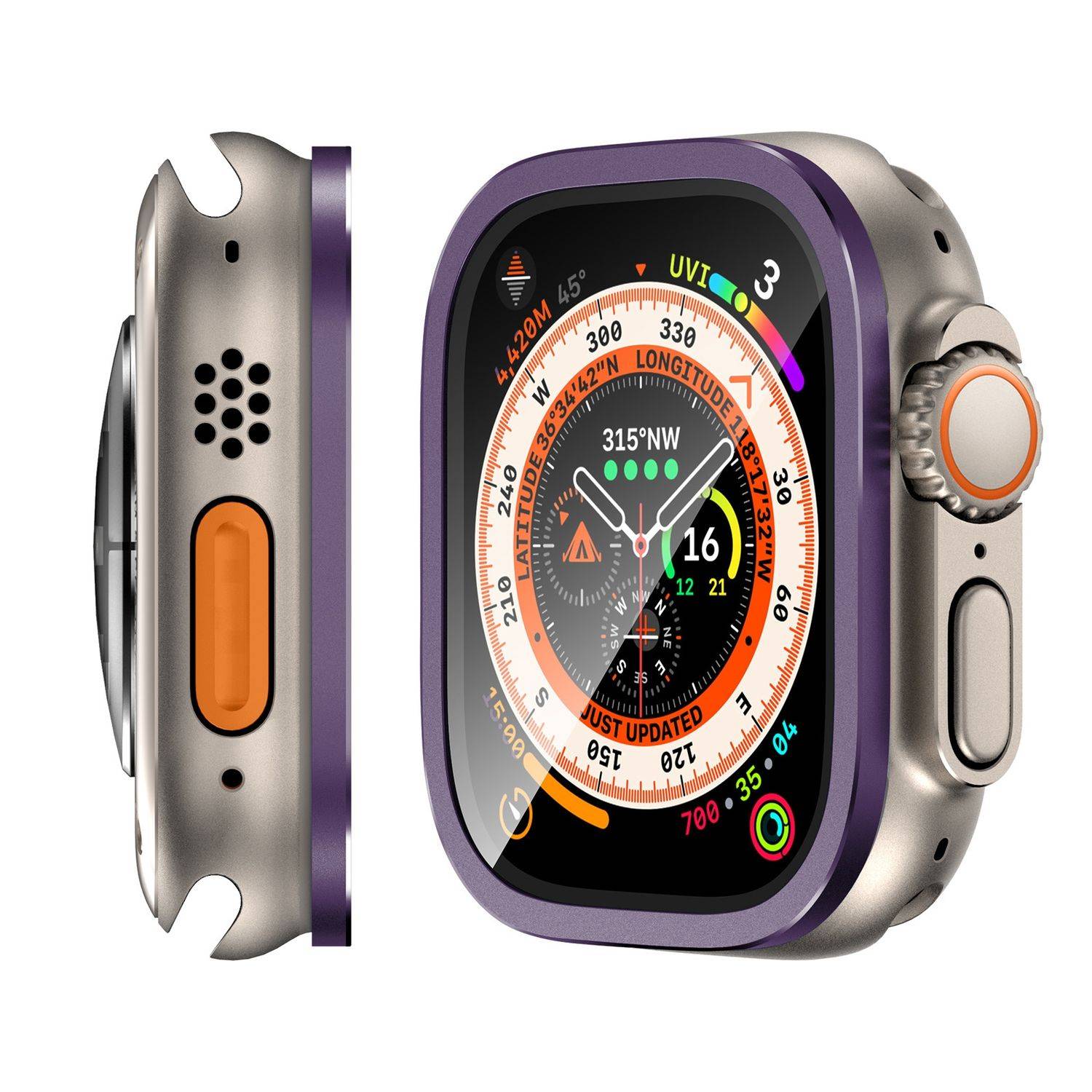 Für Apple Watch Ultra 49mm Aluminiumlegierung Hülle + Hart Glas Lila