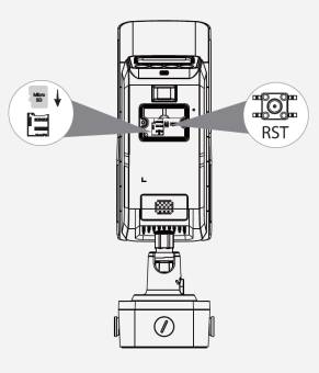 Diagramm eines Geräts mit einem Rückstellschalter mit der Bezeichnung RST auf dem oberen Modul und einem Speicherkartensteckplatz mit einem nach unten zeigenden Pfeil, der die Einfügungsrichtung angibt.