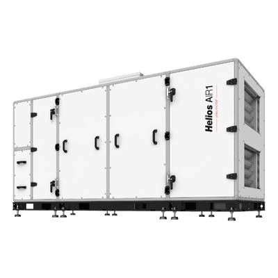 Weiße Helios AIR Industrielüftungsanlage mit mehreren Zugangsklappen, Seitenlüftungsöffnungen und verstellbaren Sockelstützen auf schwarzem Hintergrund.