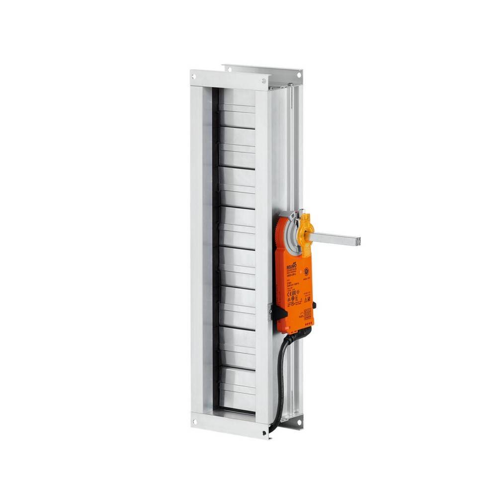 Ein Metallluftkanal-Absperrschieber mit einem orangefarbenen Stellantrieb und einem Hebel zur Steuerung des Luftstroms, vertikal montiert.