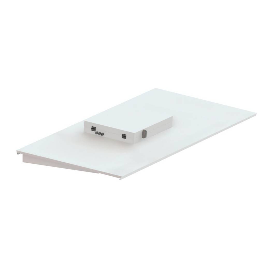 Ein minimalistisches, rechteckiges weißes Gerät mit leichter Erhebung und schwarzen Tasten oben, vor einem schlichten weißen Hintergrund.