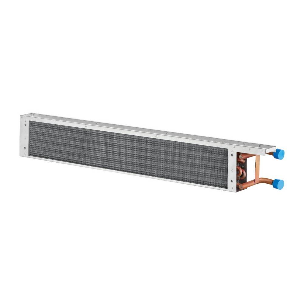 Eine rechteckige, metallische Klimaanlage mit sichtbaren Kupferrohren und blauen Kappen, konzipiert für Kühlung und Belüftungszwecke.